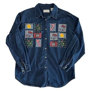 90s vintage Christmas patchwork embroidery denim shirt